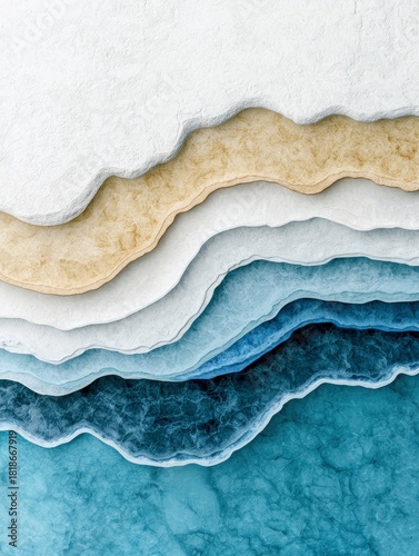 Abstract representation of layered beach sand and ocean water with a textured paper effect, creating a serene and natural visual.