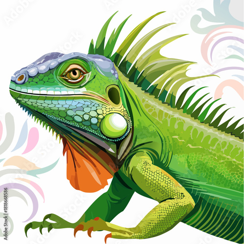A vibrant green iguana lizard is completely still, its spiky crest and patterned skin visible in sharp detail.