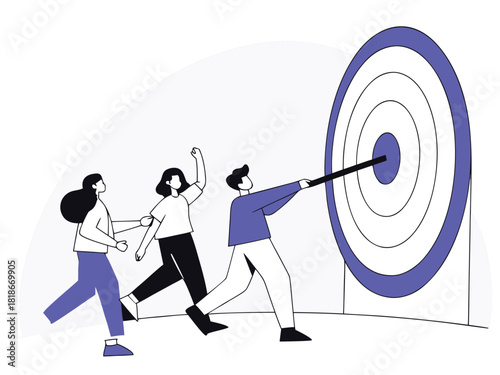 Team hitting target: collaborative success, achieving business goals Vector