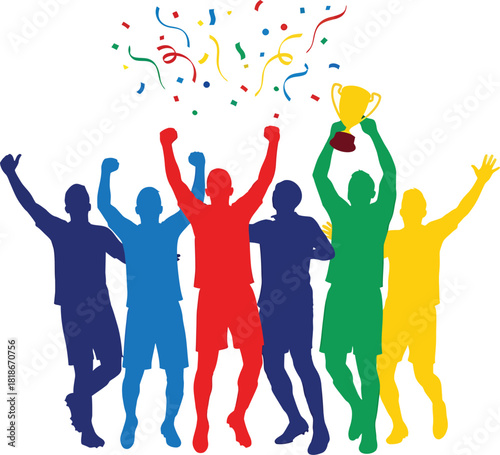 Celebrate team success with vibrant confetti and trophy, perfect for winning moments and achievement concepts