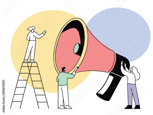 Team working to amplify message with giant megaphone communication Vector