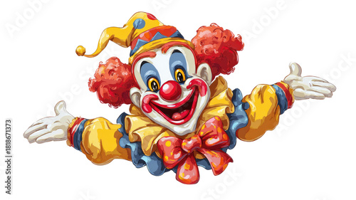 Colorful cheerful clown with red curly hair wide smile bright costume playful expression welcoming arms cartoon illustration isolated on white background