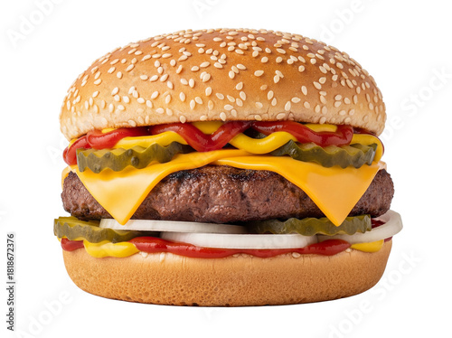 Schilderij op canvas Delicious cheeseburger with sesame bun isolated on transparent PNG, classic Amer