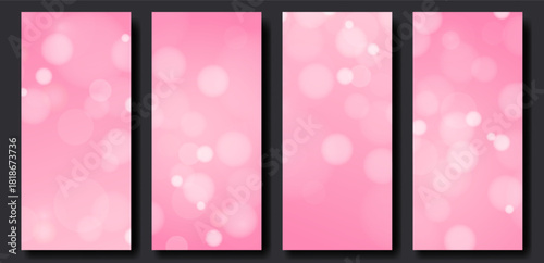 Abstract pastel pink vertical background set with bokeh lights. Empty backdrop of gradient color with blurred circles. Vector mockup for roll up banner, stories cover, beauty or romantic design.