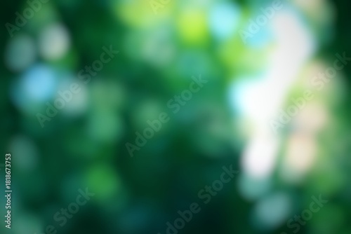 Abstract blurred bokeh lights creating a serene natural ambiance with gentle green and blue tones