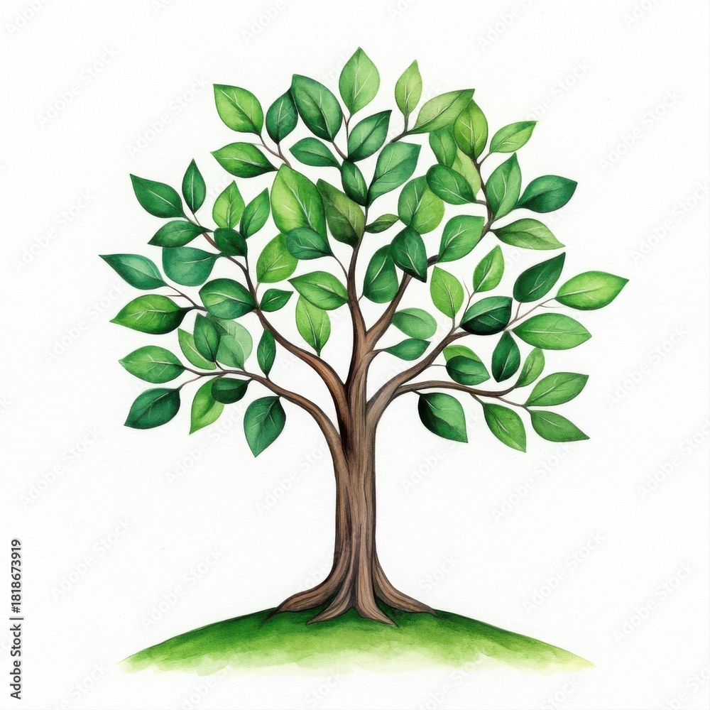 Obraz premium Colorful Watercolor Tree Illustration with Green Leaves on White Background
