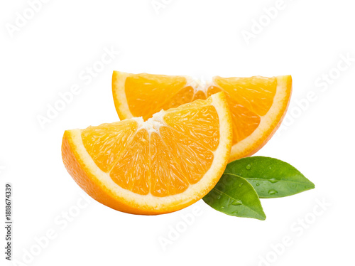 Two orange slices with leaves isolated PNG on transparent background, fresh citrus fruit wedges for healthy eating and vitamin C