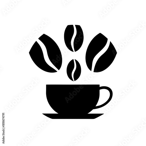 Coffee cup with beans floating above it in black color on transparent background silhouette