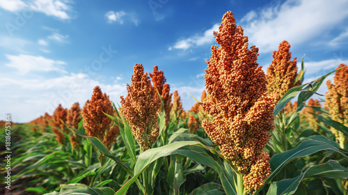 Golden millet sorghum panicles in a sunlit agricultural field under a blue sky, highlighting grain crop growth and rural harvest landscape Climate resilient food.
