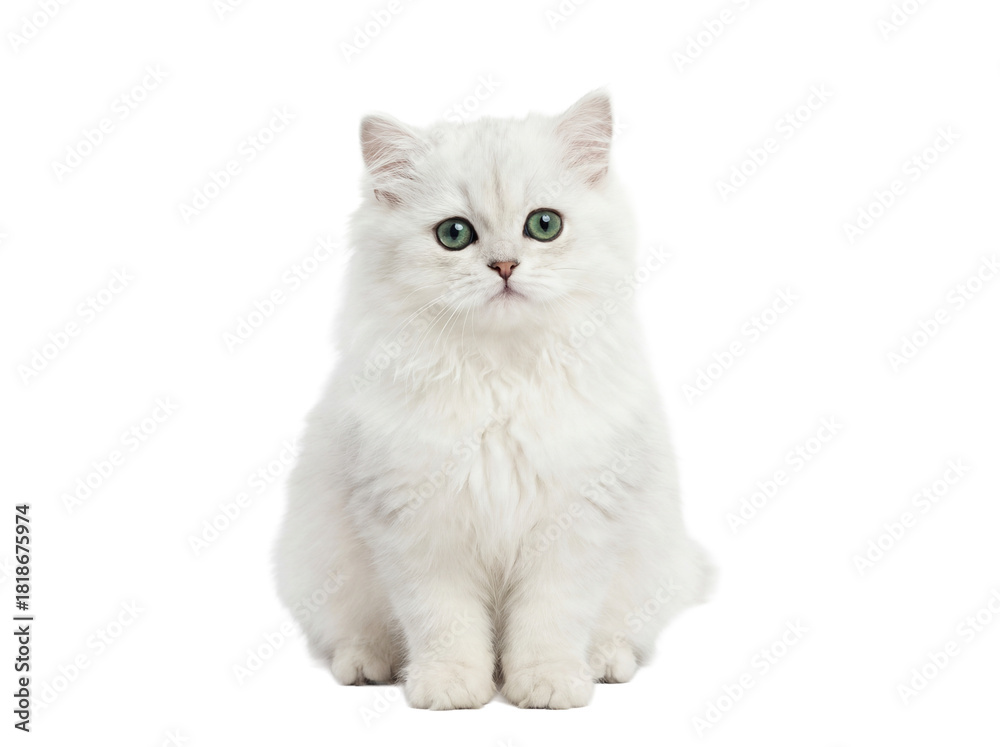Obraz premium Adorable fluffy white kitten PNG isolated on transparent background, cute Persian cat with green eyes for pet-related designs