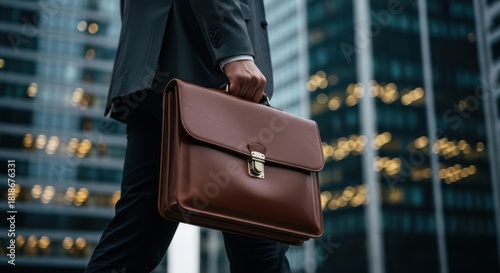 A businessman in a suit walks with a leather briefcase in front of a modern office building with blurred lights