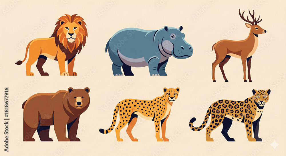 Obraz premium Elegant Minimalist Lion Illustration Abstract Geometric Elephant Artwork Sophisticated Cheetah Vector in Modern Style Minimalist Panther Silhouette Art Contemporary Gazelle Line Illutration