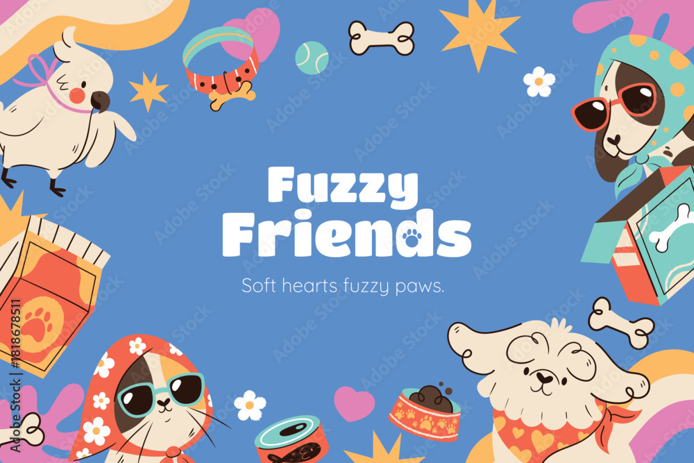 Fototapeta premium Decorative background with assorted pet icons and playful elements flat cartoon