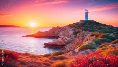 Colorful morning scene of Sardinia, Italy, Europe. Fantastic sunrise on Capo San Marco Lighthouse on Del Sinis peninsula