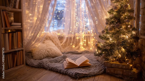 Cozy winter reading nook with soft blankets and a glowing Christmas tree illuminated by warm fairy lights beside a window adorned with shimmering curtains.