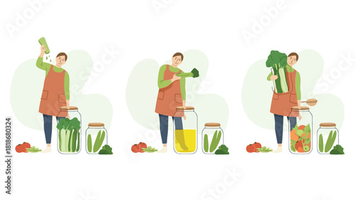 Person preparing vegetables for preservation pickling and canning in glass jars with fresh produce