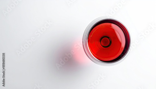Overhead view of a stemmed wine glass filled with red wine