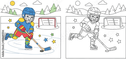Coloring book page for kids with a cute cartoon boy playing ice hockey. Vector illustration of a winter sport scene with a colored example and an outline for coloring.