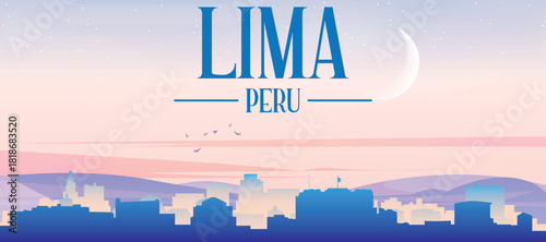 Panoramic poster of the city skyline with misty background buildings, hills sunrise, sunset and clouds of LIMA, PERU
