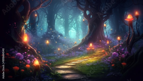 Fantasy fairy tale background with forest and blooming path. Fabulous fairytale outdoor garden and moonlight background