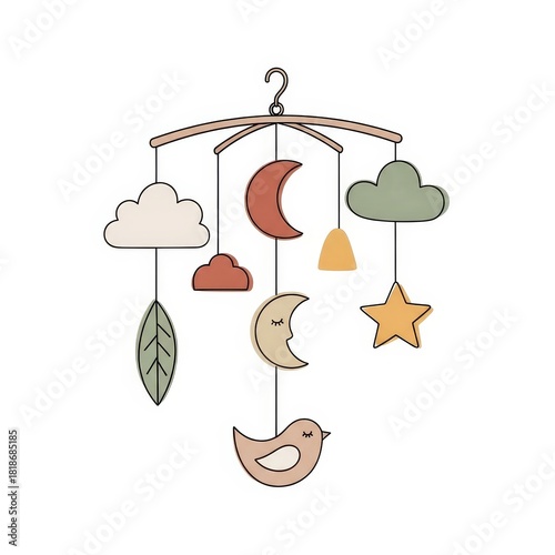 Crib mobile with clouds, stars, and birds in pastel colors  