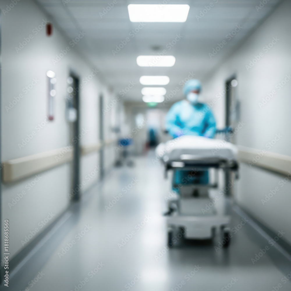 Obraz premium Medical professional pushing stretcher in blurred hospital corridor