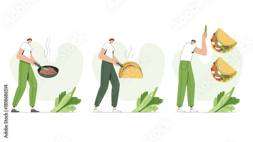 Man cooking and assembling delicious tacos step by step in a modern flat illustration style