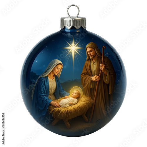 Nativity Scene with Holy Family under Star of Bethlehem on Blue Glass Ornament Cutout Transparent PNG