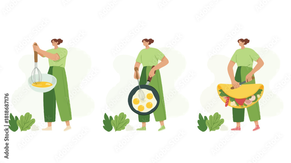 Fototapeta premium Woman preparing breakfast by whisking eggs frying them and assembling a large taco