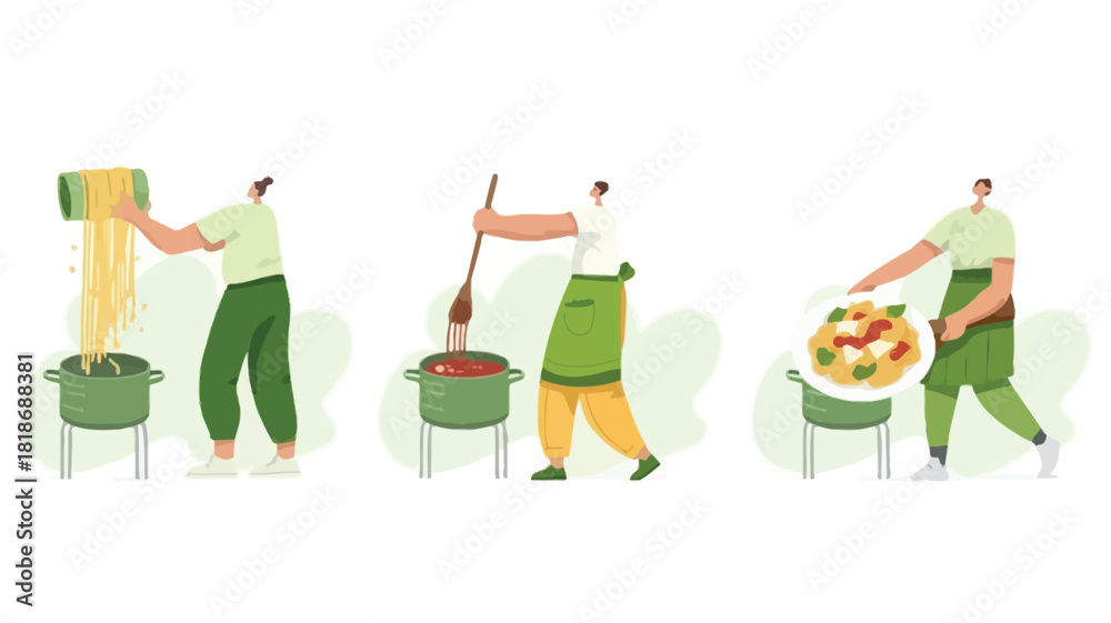 Fototapeta premium People cooking pasta in pots stirring sauce and serving a delicious italian meal