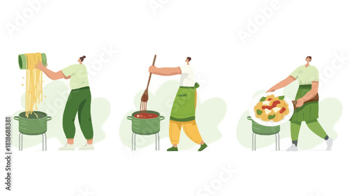 People cooking pasta in pots stirring sauce and serving a delicious italian meal