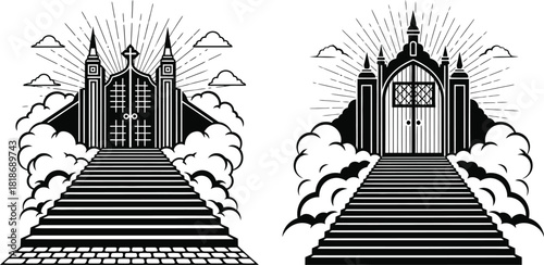 Two stairways to heaven illustrations with clouds and radiant light art