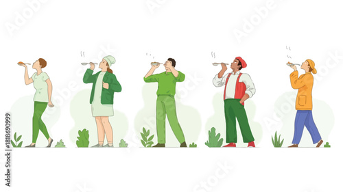 Diverse group of people enjoying delicious food and drinks with steam rising from their meals