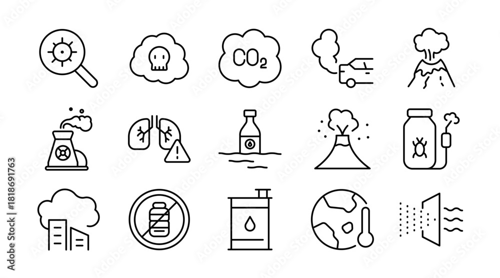 Fototapeta premium Air Pollution line icon set. CO2, mask, air filter, PM2.5, air purifier, car exhaust, smog, indoor air quality, smoke, carbon emission, forest fire, icons vector illustration. Pixel-perfect stroke