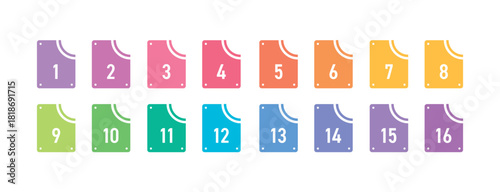 Numbers 1-16 in colored buttons. 1-16 consecutive numbers concept