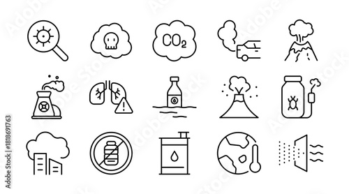 Air Pollution line icon set. CO2, mask, air filter, PM2.5, air purifier, car exhaust, smog, indoor air quality, smoke, carbon emission, forest fire, icons vector illustration. Pixel-perfect stroke