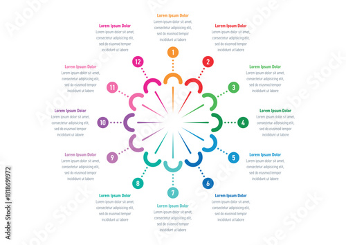 Twelve steps informational template. Infographic template for business, education, science, industry. Infographic template for annual report, magazine