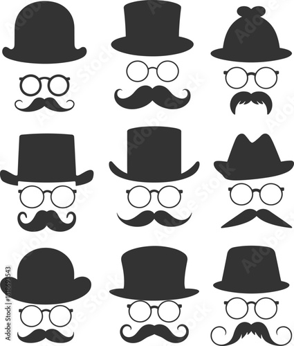 Vintage gentleman silhouette vector set with hats, glasses and mustaches, classic retro male fashion accessories, barbershop hipster illustration
