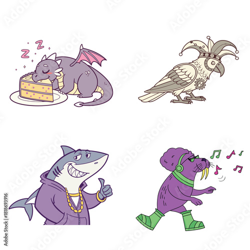 Whimsical cartoon animals in various amusing scenarios dragon sleeping