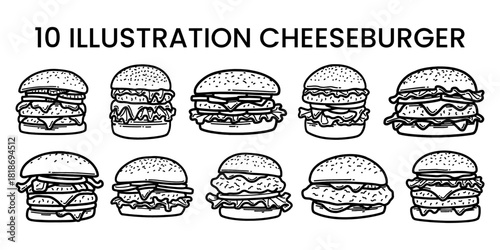 Hand drawn collection burger outline with cheese, tomato, sauce, and beef. Black and white doodle sketch for restaurant branding, menu design, packaging, and vintage or retro food illustrations.
