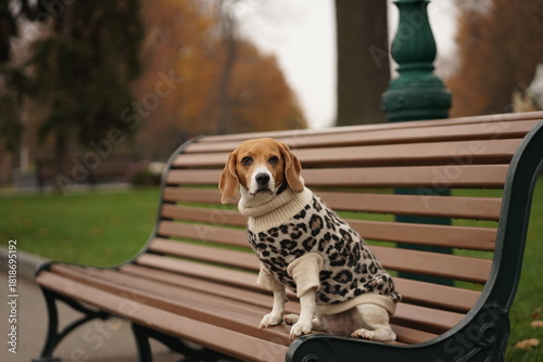 Beagle dog sitting on the bench in the park, wearing leopard sweater, looking away