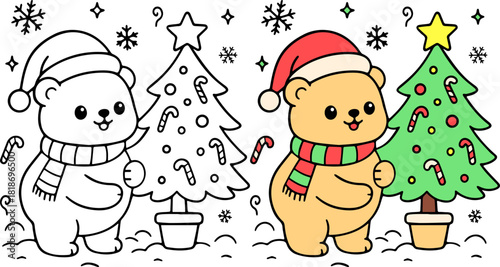 Cute christmas bear set decorating a tree whimsical holiday scene colorful illustration cheerful atmosphere