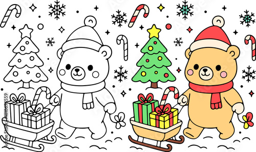 Cute christmas bear set with gifts in a winter wonderland colorful illustration festive environment whimsical viewpoint