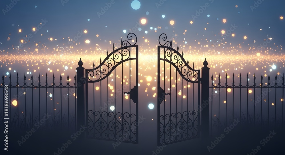 Fototapeta premium Ornate open gates with glowing particles and a fence at dusk
