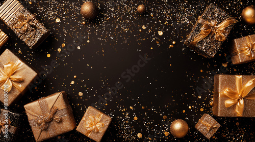 Black and gold holiday banner with elegant gift boxes surrounded by glitter, sparkling golden dust, and a luxurious glow. Holidays and birthday background, greeting with copy space.