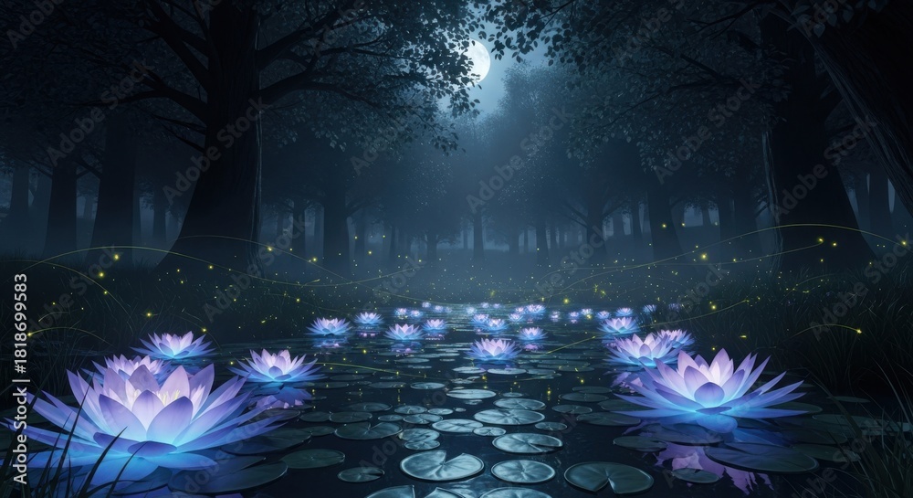 Fototapeta premium Enchanted forest pond with glowing lotus flowers under moonlight