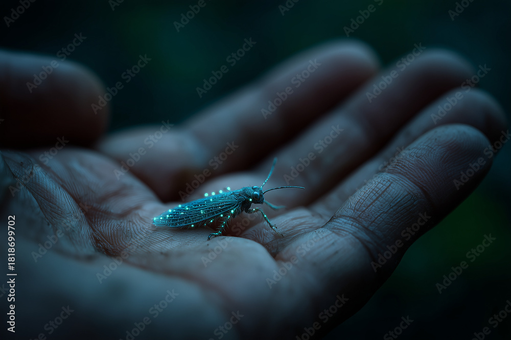 Obraz premium Bioluminescent insect on palm in dark forest