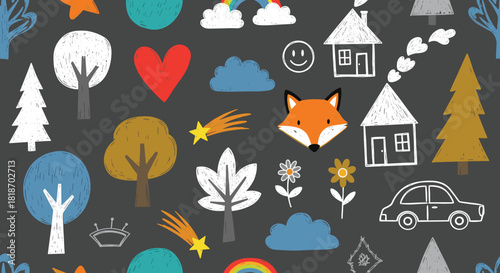 Seamless pattern with hand drawn forest elements on dark background cute trees, houses, clouds, fox, flowers, heart, car, rainbow, star, crown childish vector illustration