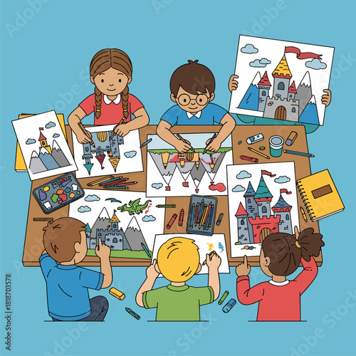 Creative Kids Drawing Fantasy Castles and Landscapes Together in Art Class, Overhead View Illustration