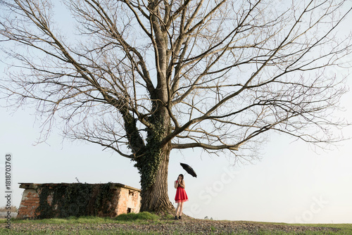 Elegant woman in red with black umbrella under bare winter tree